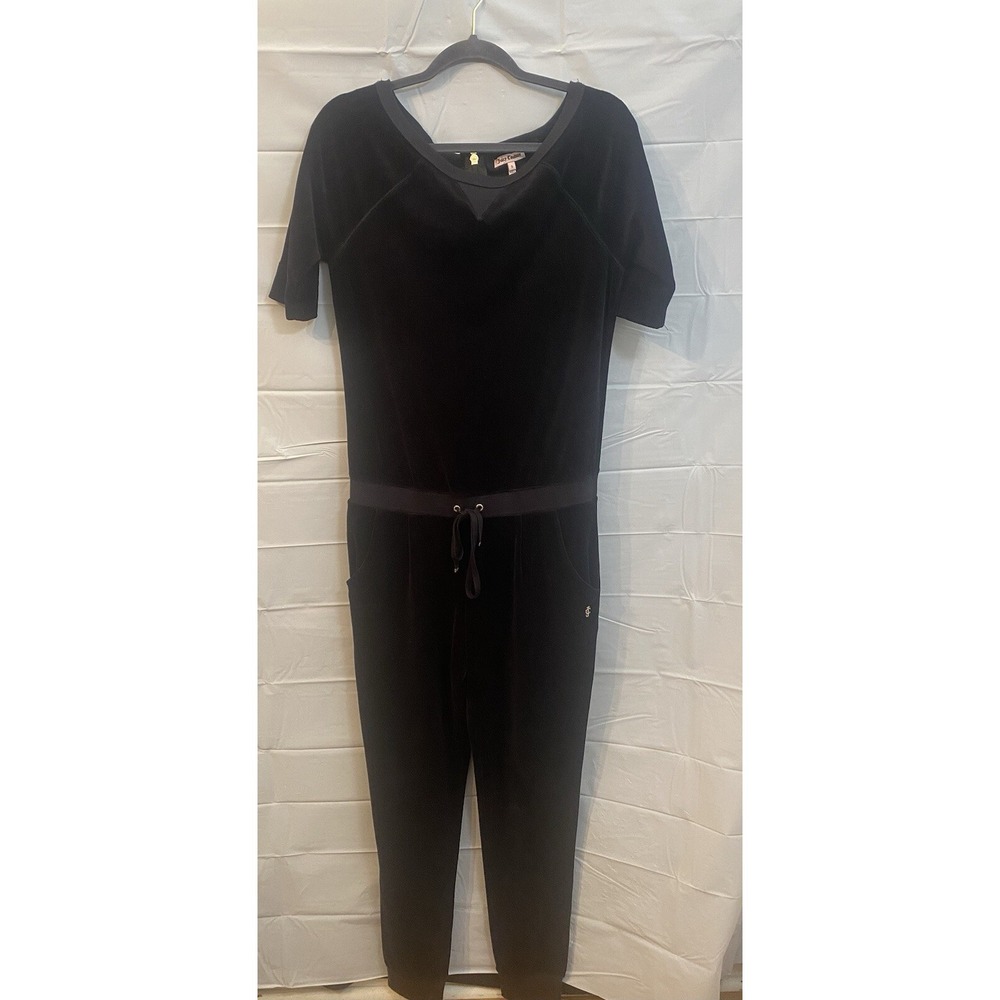 Juicy Couture Y2K Black Plush Velour Jumpsuit Short Rolled Sleeve Small (144)